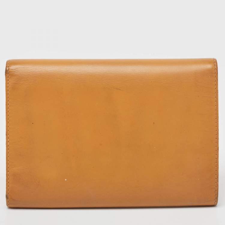 Pre Owned Prada Tan Leather Logo Plague Trifold Wallet