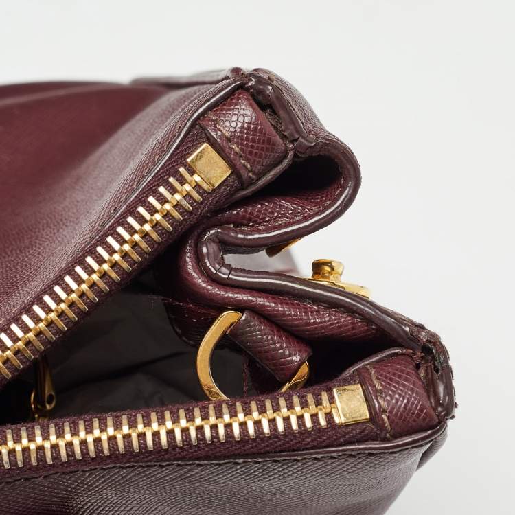 Pre Owned Prada Burgundy Saffiano Lux Leather Medium Galleria Tote