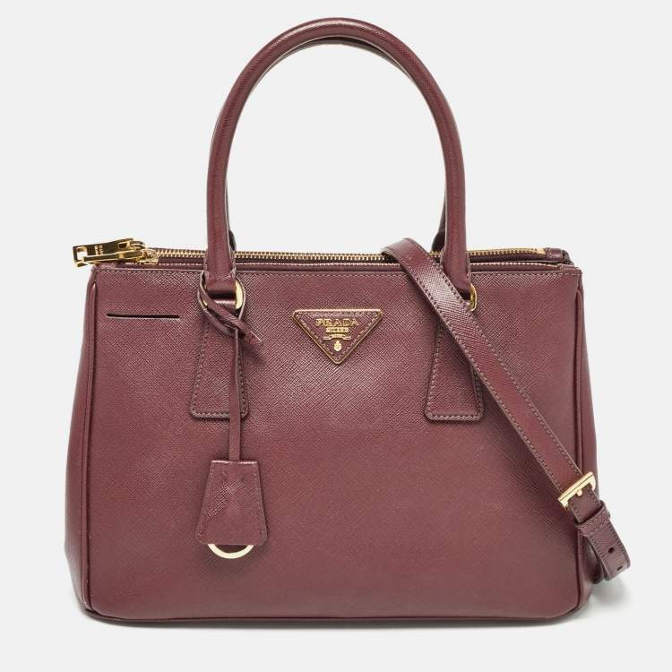 Pre Owned Prada Burgundy Saffiano Lux Leather Medium Galleria Tote