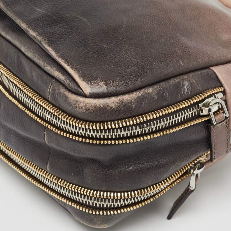 Pre Owned Prada Ombre Brown Glace Leather Multi Zip Crossbody Bag