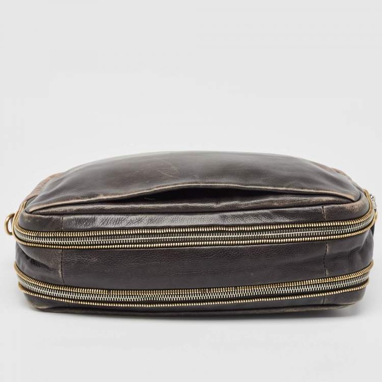 Pre Owned Prada Ombre Brown Glace Leather Multi Zip Crossbody Bag