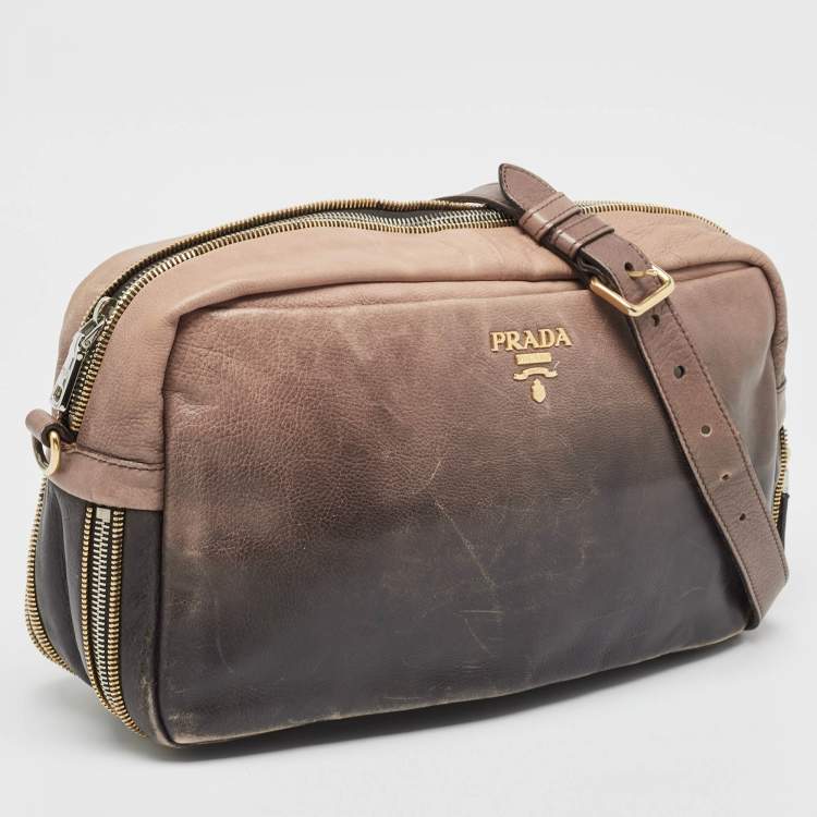 Pre Owned Prada Ombre Brown Glace Leather Multi Zip Crossbody Bag
