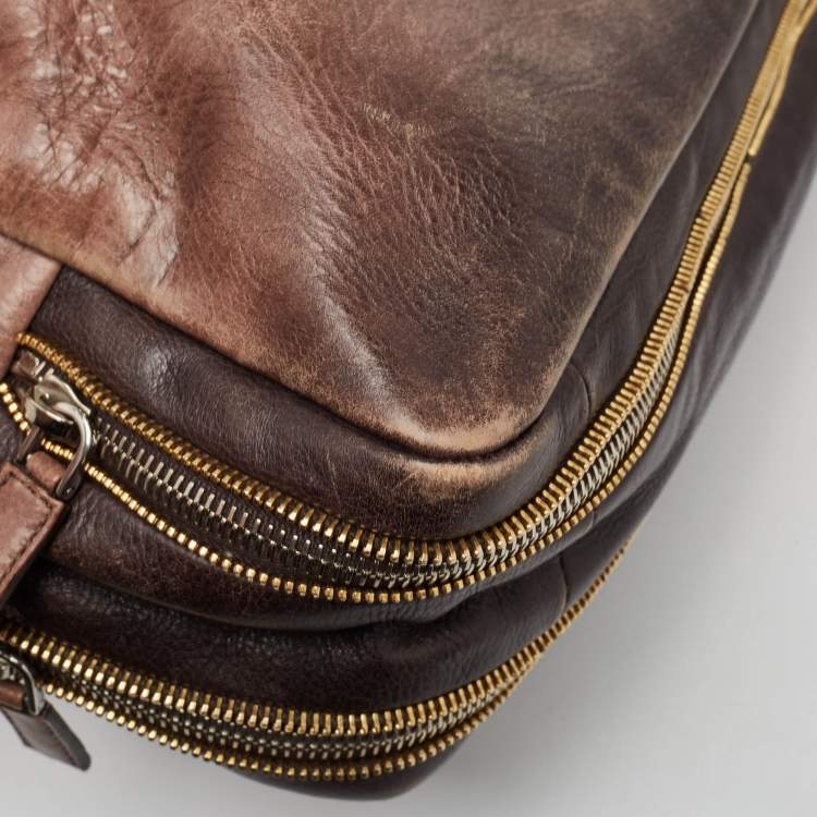Pre Owned Prada Ombre Brown Glace Leather Multi Zip Crossbody Bag