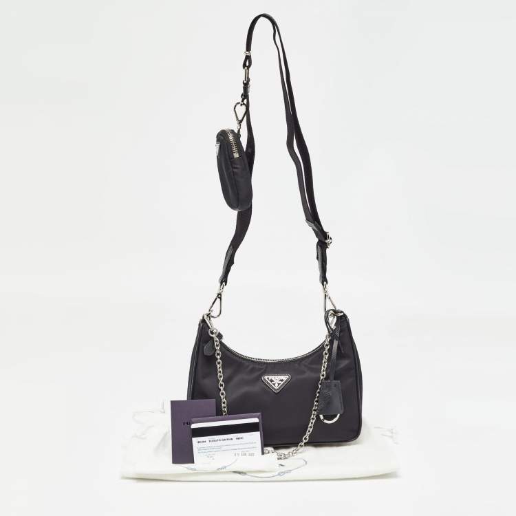 Pre Owned Prada Black Re Nylon and Leather Re-Edition 2005 Baguette Bag