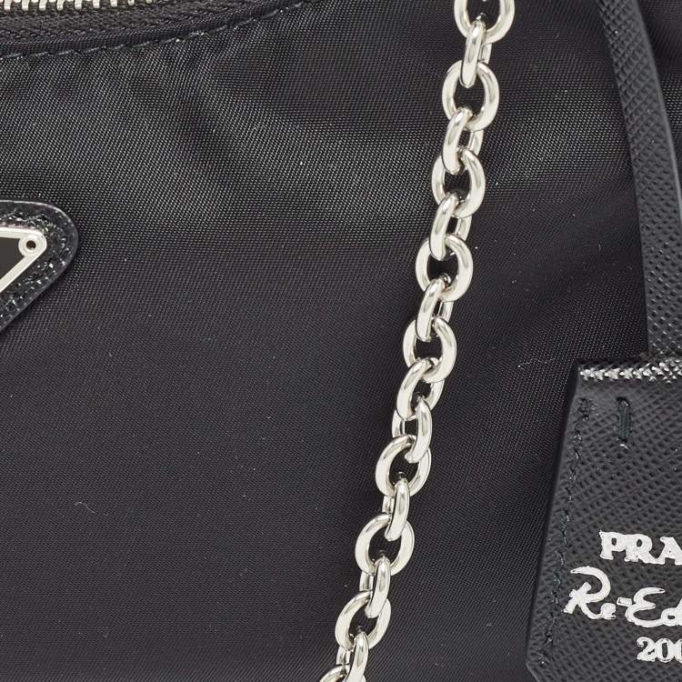 Pre Owned Prada Black Re Nylon and Leather Re-Edition 2005 Baguette Bag
