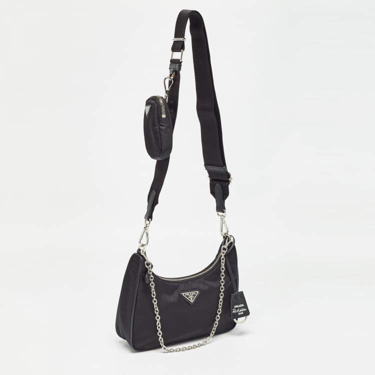 Pre Owned Prada Black Re Nylon and Leather Re-Edition 2005 Baguette Bag