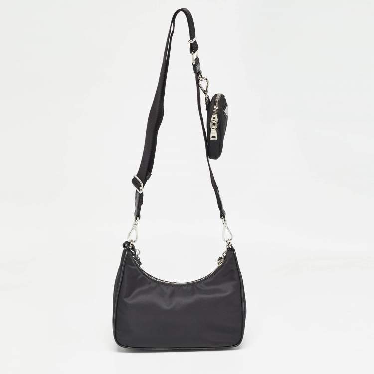 Pre Owned Prada Black Re Nylon and Leather Re-Edition 2005 Baguette Bag