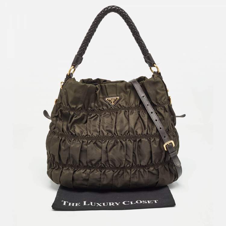 Pre Owned Prada Brown Nylon and Leather Gaufre Hobo