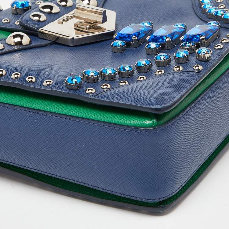 Pre Owned Prada Blue/Green Saffiano Studded/Crystal Embellished Leather Flap Shoulder Bag
