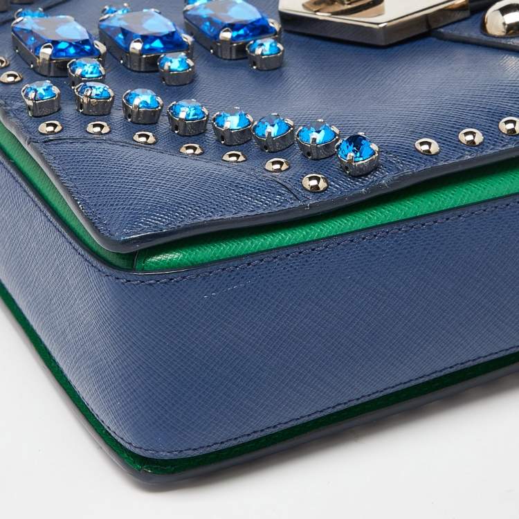 Pre Owned Prada Blue/Green Saffiano Studded/Crystal Embellished Leather Flap Shoulder Bag