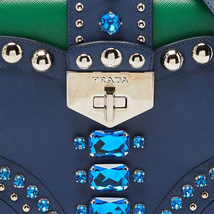 Pre Owned Prada Blue/Green Saffiano Studded/Crystal Embellished Leather Flap Shoulder Bag