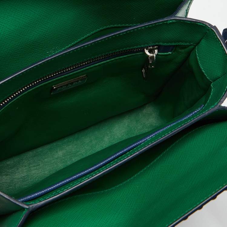 Pre Owned Prada Blue/Green Saffiano Studded/Crystal Embellished Leather Flap Shoulder Bag