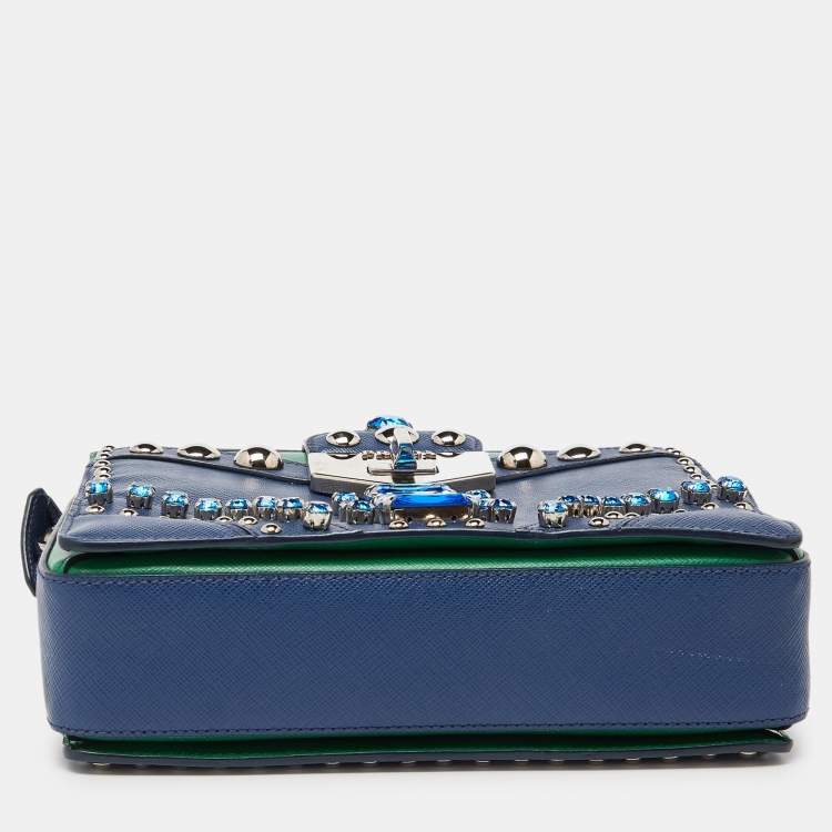 Pre Owned Prada Blue/Green Saffiano Studded/Crystal Embellished Leather Flap Shoulder Bag