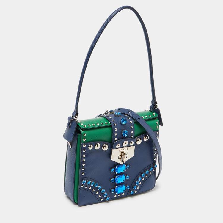Pre Owned Prada Blue/Green Saffiano Studded/Crystal Embellished Leather Flap Shoulder Bag