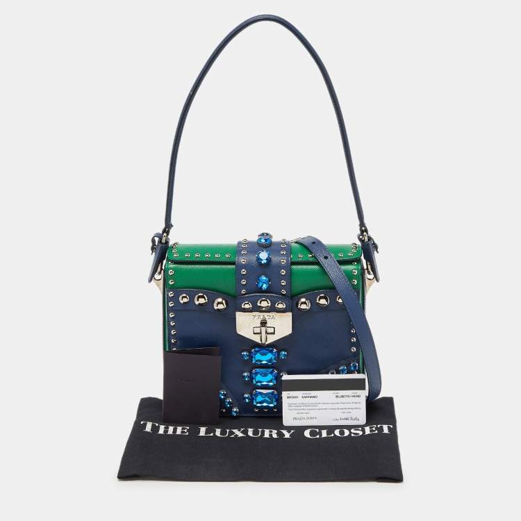 Pre Owned Prada Blue/Green Saffiano Studded/Crystal Embellished Leather Flap Shoulder Bag