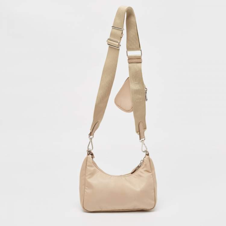 Pre Owned Prada Beige Nylon and Leather Re-Edition 2005 Baguette Bag