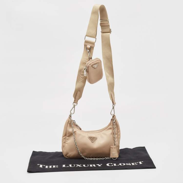 Pre Owned Prada Beige Nylon and Leather Re-Edition 2005 Baguette Bag