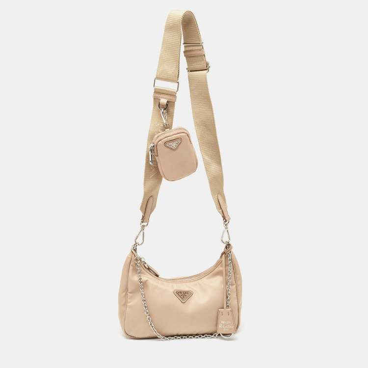 Pre Owned Prada Beige Nylon and Leather Re-Edition 2005 Baguette Bag