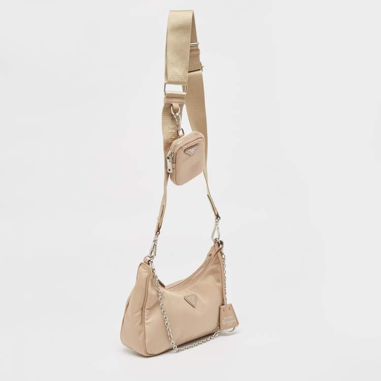 Pre Owned Prada Beige Nylon and Leather Re-Edition 2005 Baguette Bag