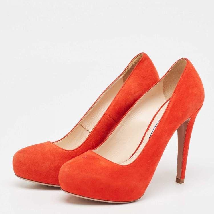 Pre Owned Prada Orange Suede Platform Pumps Size 36.5