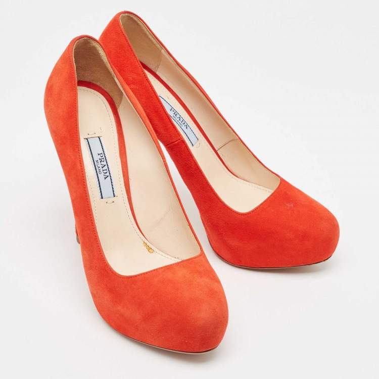 Pre Owned Prada Orange Suede Platform Pumps Size 36.5