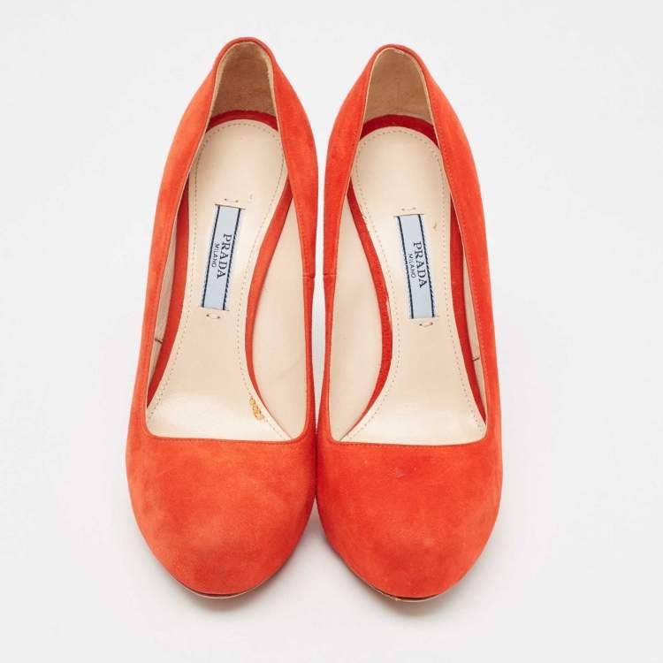 Pre Owned Prada Orange Suede Platform Pumps Size 36.5