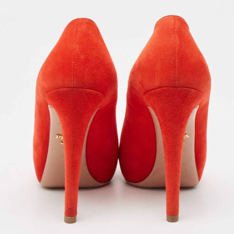 Pre Owned Prada Orange Suede Platform Pumps Size 36.5