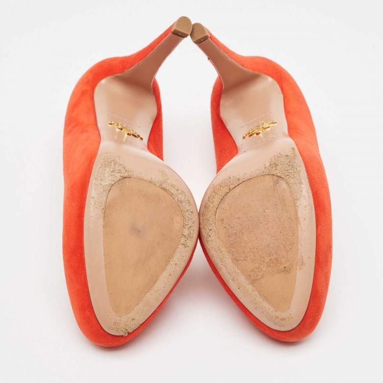 Pre Owned Prada Orange Suede Platform Pumps Size 36.5
