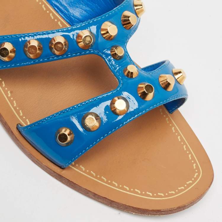 Pre Owned Prada Blue Patent Leather Studded Flat Slides Size 39