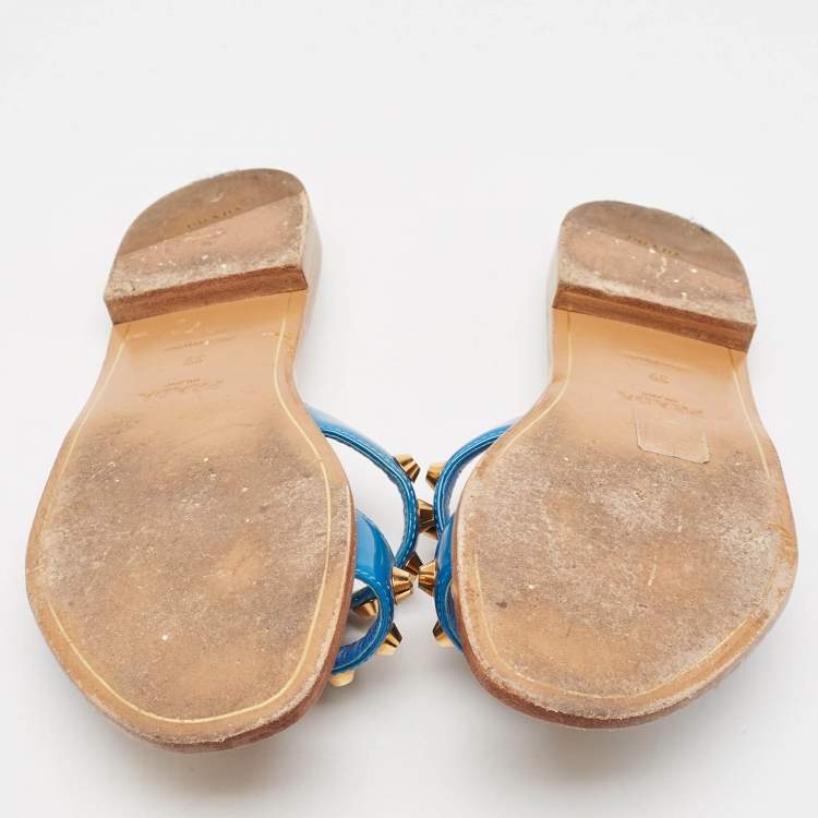 Pre Owned Prada Blue Patent Leather Studded Flat Slides Size 39