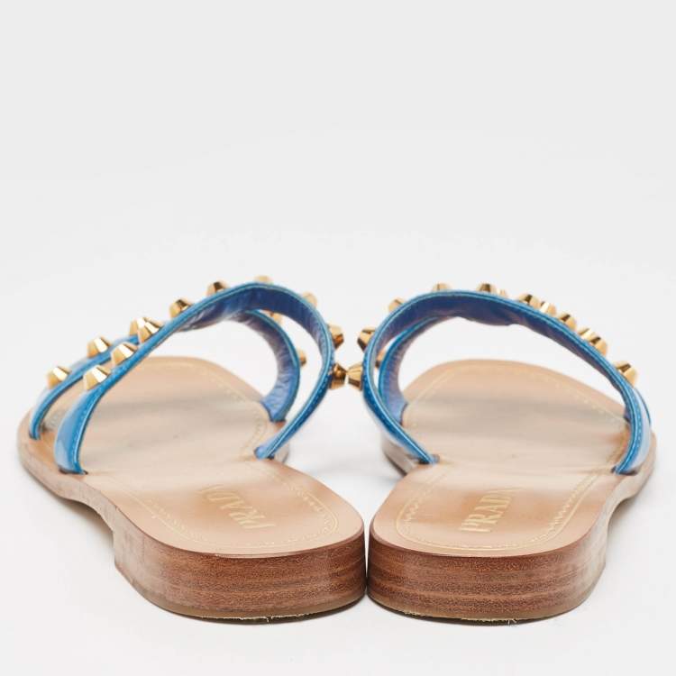 Pre Owned Prada Blue Patent Leather Studded Flat Slides Size 39