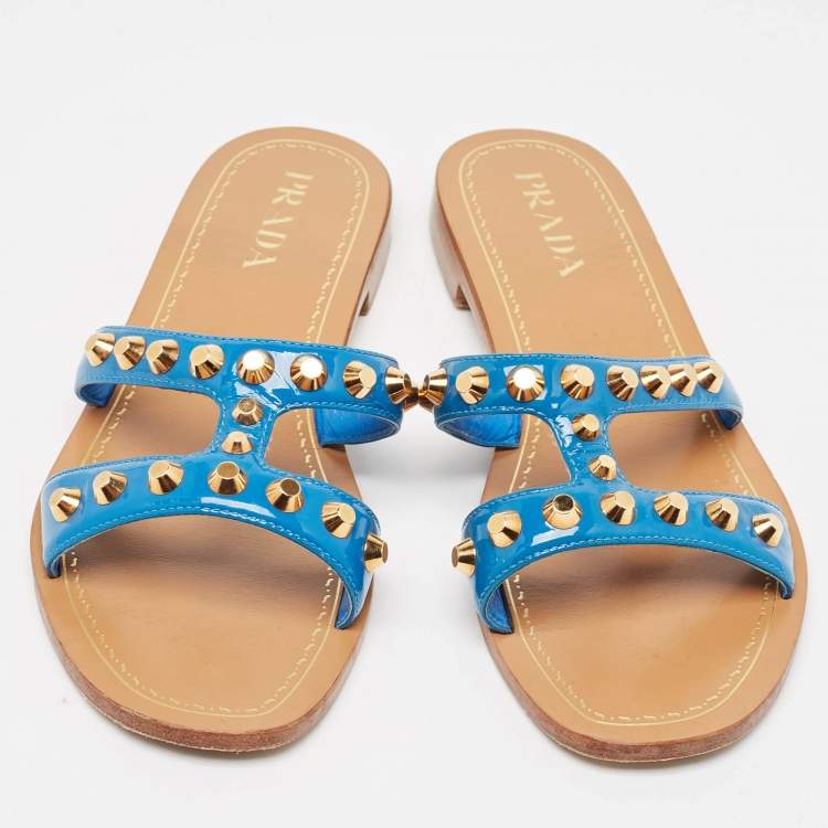Pre Owned Prada Blue Patent Leather Studded Flat Slides Size 39