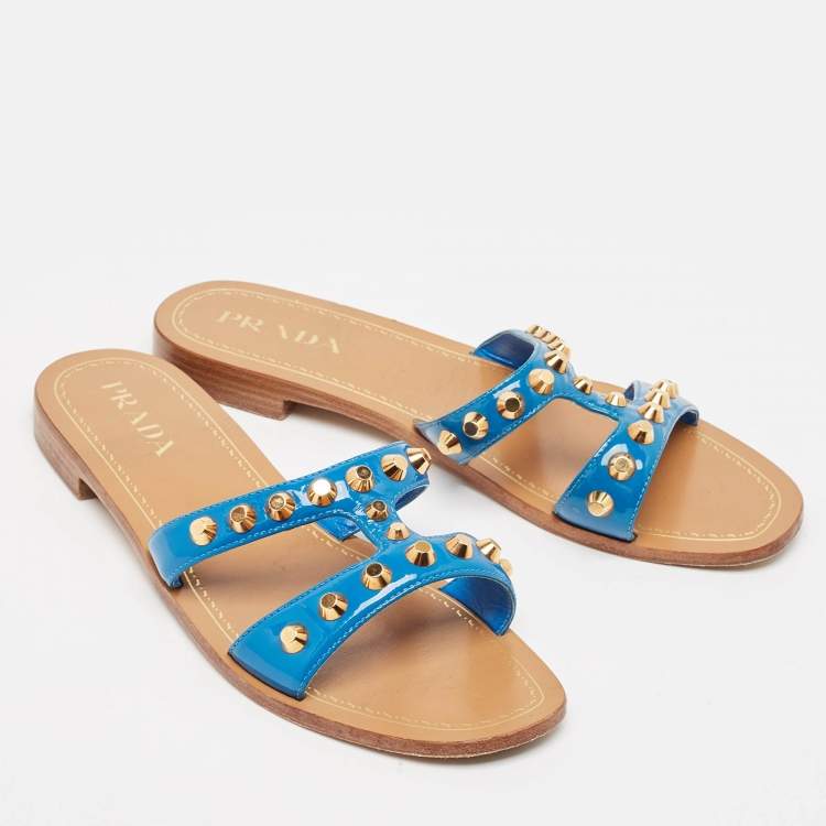 Pre Owned Prada Blue Patent Leather Studded Flat Slides Size 39