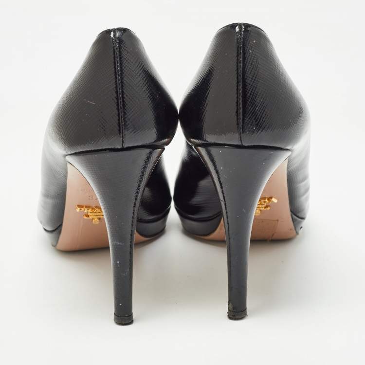 Pre Owned Prada Black Vernice Saffiano Leather Peep Toe Platform Pumps Size 37.5