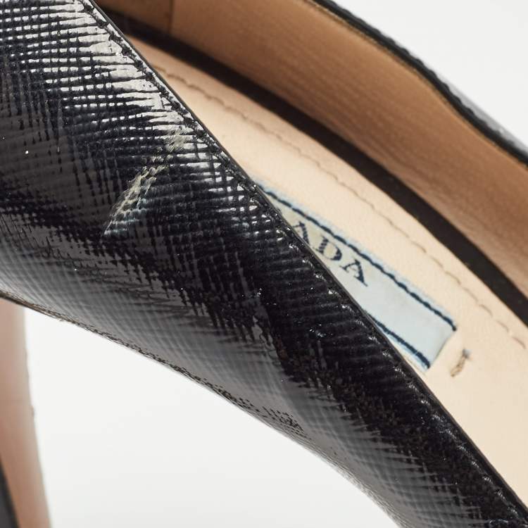 Pre Owned Prada Black Vernice Saffiano Leather Peep Toe Platform Pumps Size 37.5