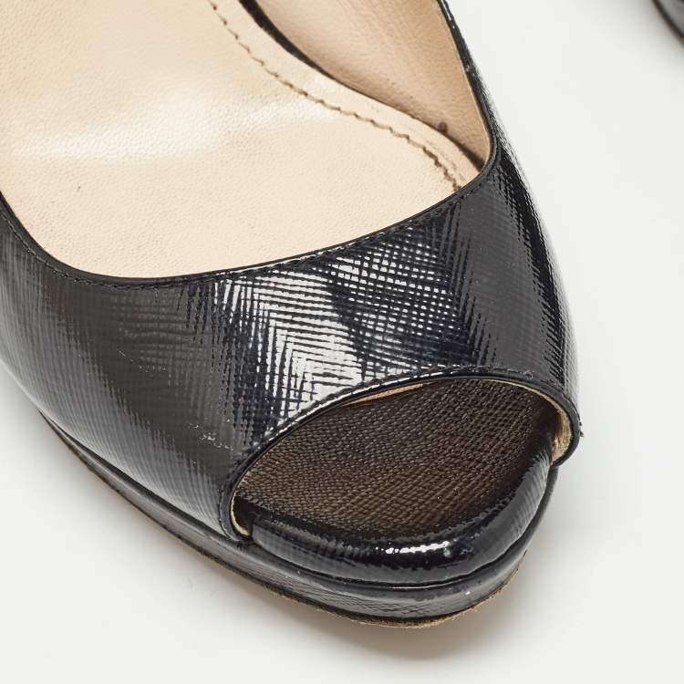 Pre Owned Prada Black Vernice Saffiano Leather Peep Toe Platform Pumps Size 37.5