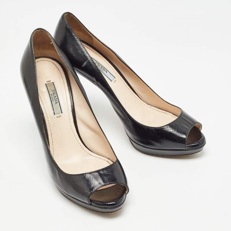 Pre Owned Prada Black Vernice Saffiano Leather Peep Toe Platform Pumps Size 37.5