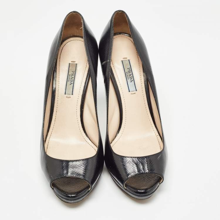Pre Owned Prada Black Vernice Saffiano Leather Peep Toe Platform Pumps Size 37.5