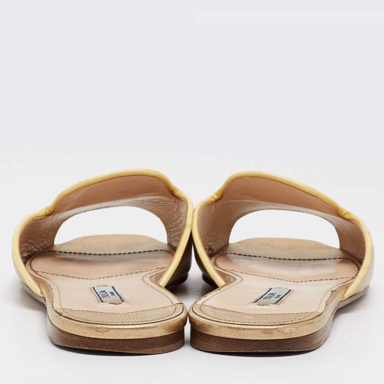 Pre Owned Prada Gold Patent Saffiano Leather Flat Slides  Size 39