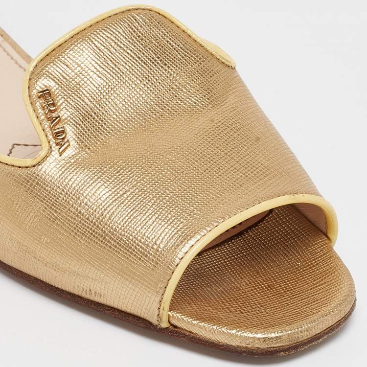 Pre Owned Prada Gold Patent Saffiano Leather Flat Slides  Size 39