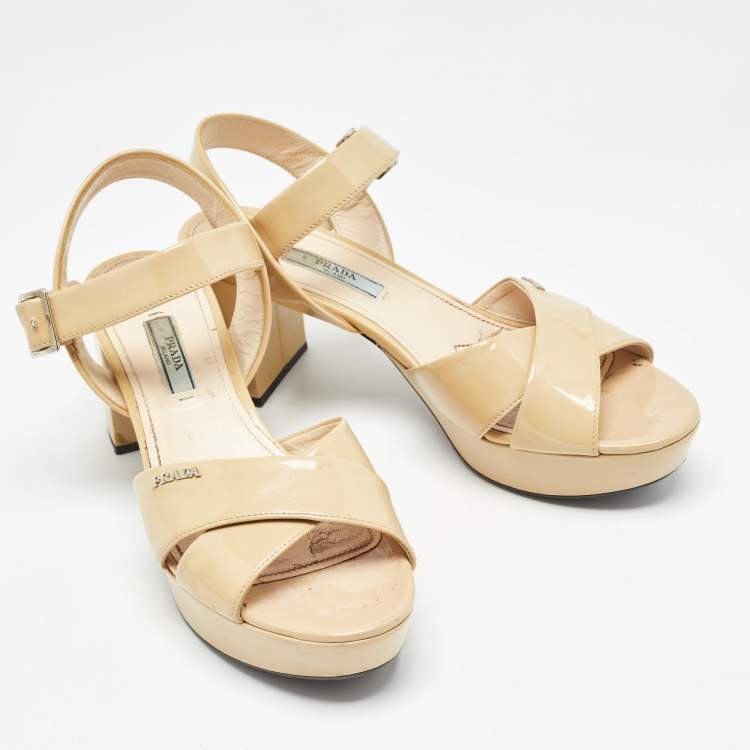 Pre Owned Prada Beige Patent Leather Platform Ankle Strap Sandals Size 38.5