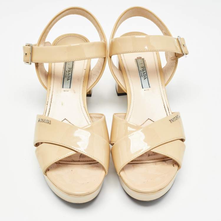 Pre Owned Prada Beige Patent Leather Platform Ankle Strap Sandals Size 38.5