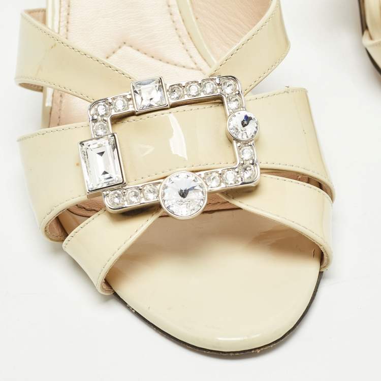 Pre Owned Prada Cream Patent Leather Slide Sandals Size 38