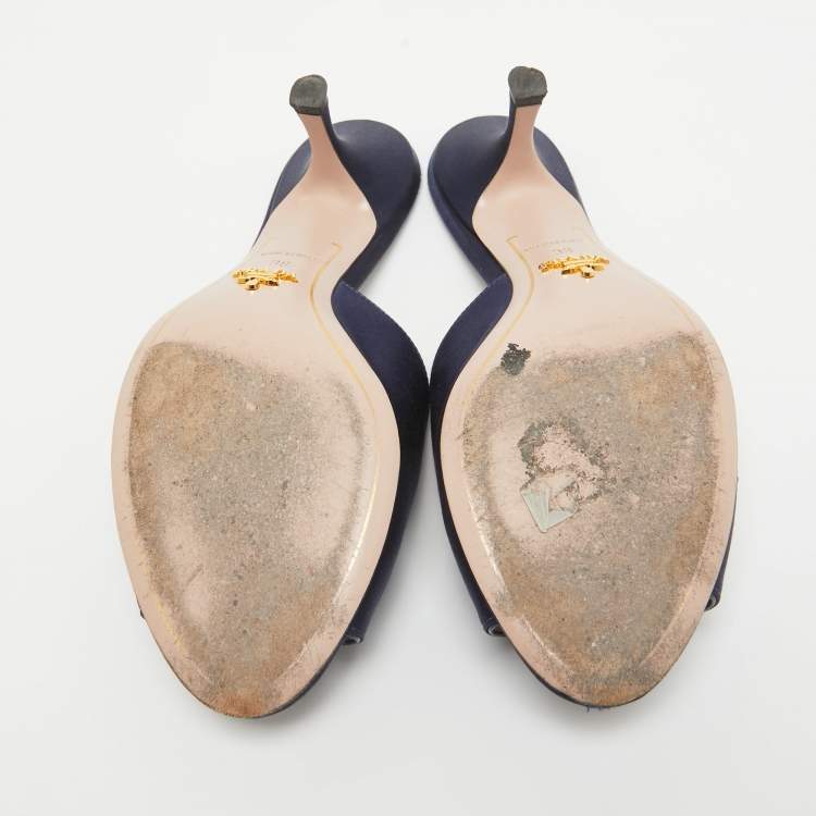 Pre Owned Prada Navy Blue Satin Crystal Embellished Slide Sandals Size 38