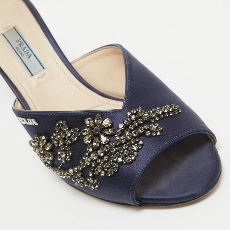 Pre Owned Prada Navy Blue Satin Crystal Embellished Slide Sandals Size 38