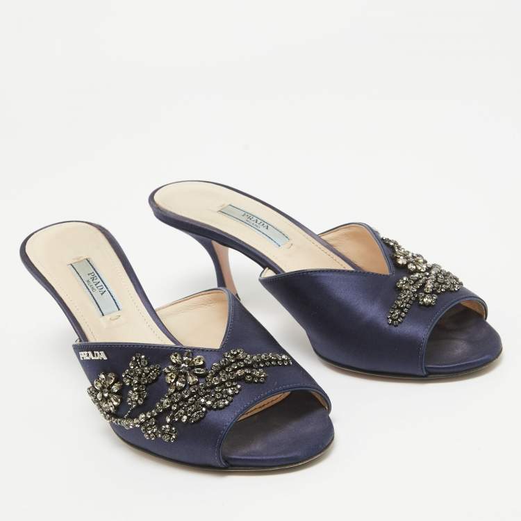 Pre Owned Prada Navy Blue Satin Crystal Embellished Slide Sandals Size 38