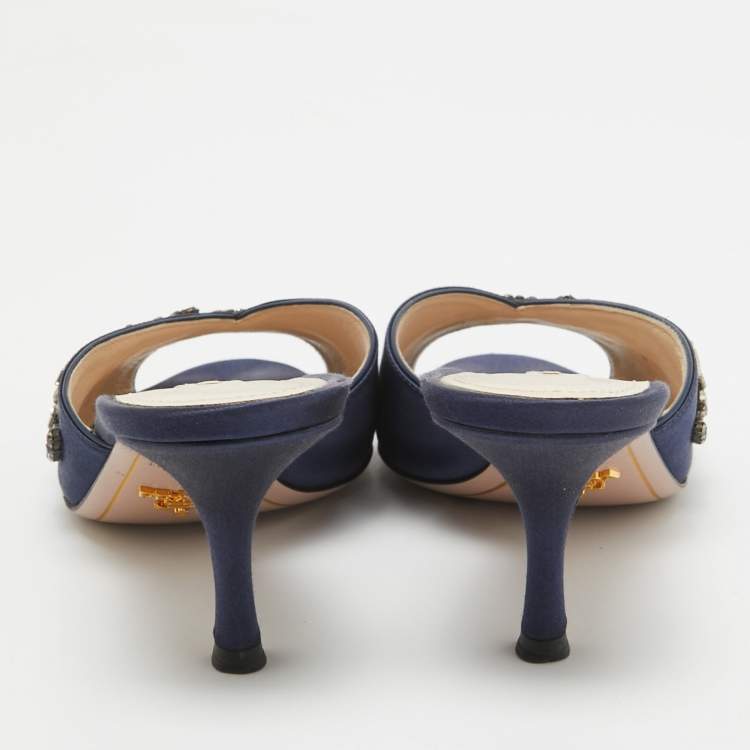Pre Owned Prada Navy Blue Satin Crystal Embellished Slide Sandals Size 38