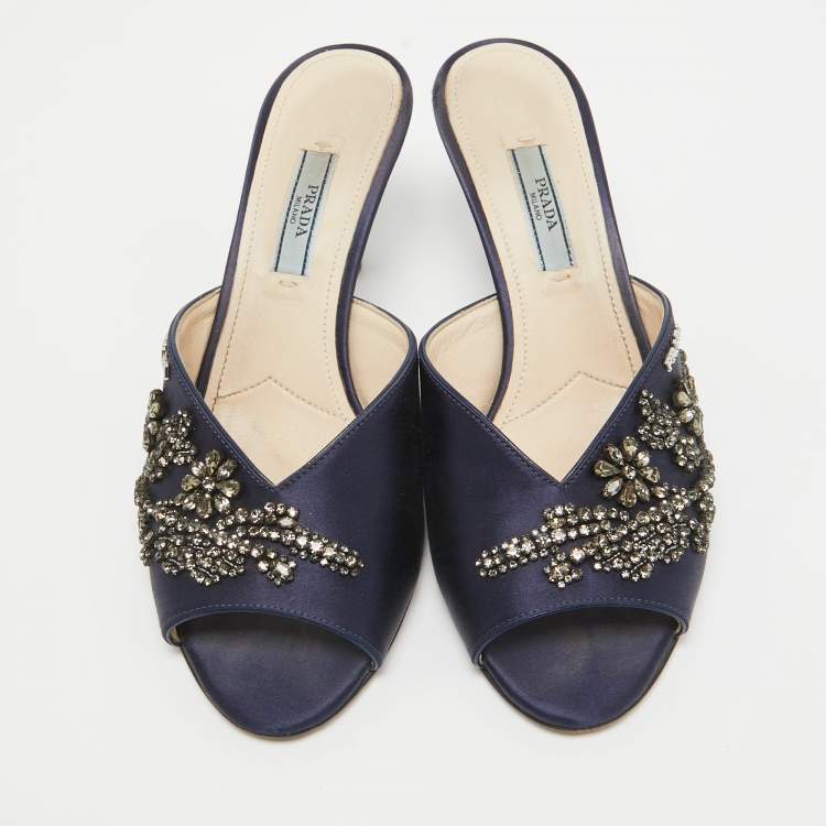 Pre Owned Prada Navy Blue Satin Crystal Embellished Slide Sandals Size 38
