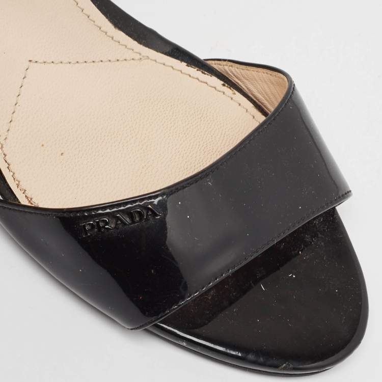 Pre Owned Prada Black Patent Leather Ankle Strap Wedge Sandals Size 39.5 