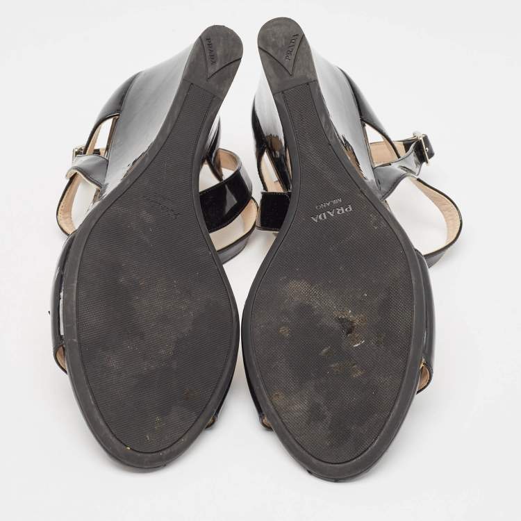 Pre Owned Prada Black Patent Leather Ankle Strap Wedge Sandals Size 39.5 